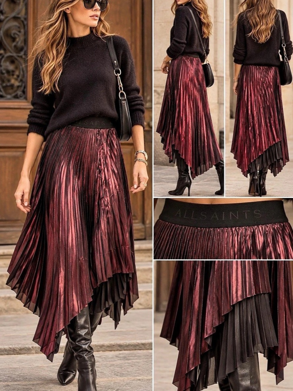 AllSaints Elisa Pleated Asymmetrical Midi Skirt